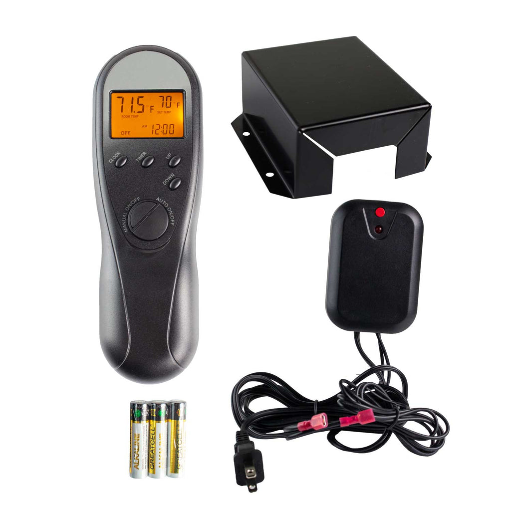 Fireplace remote timer/thermostat kit with LCD remote, receiver, wall mount, batteries, cord