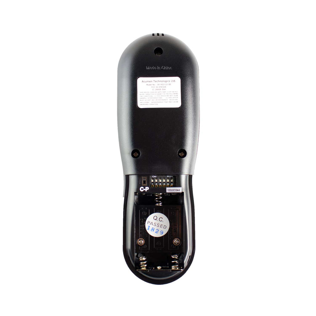 Fireplace remote timer/thermostat rear view with battery compartment and label