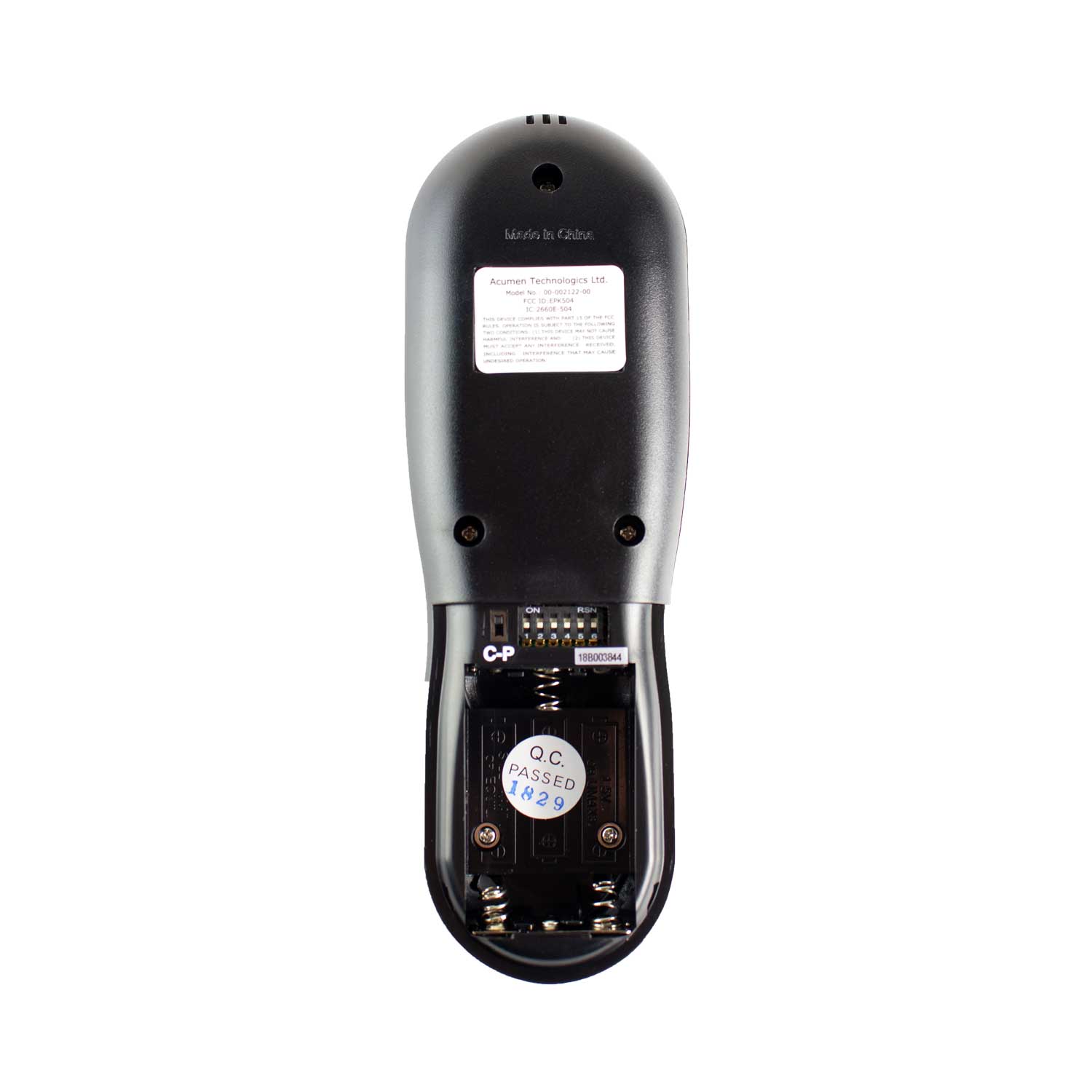 Fireplace remote timer/thermostat rear view with battery compartment and label