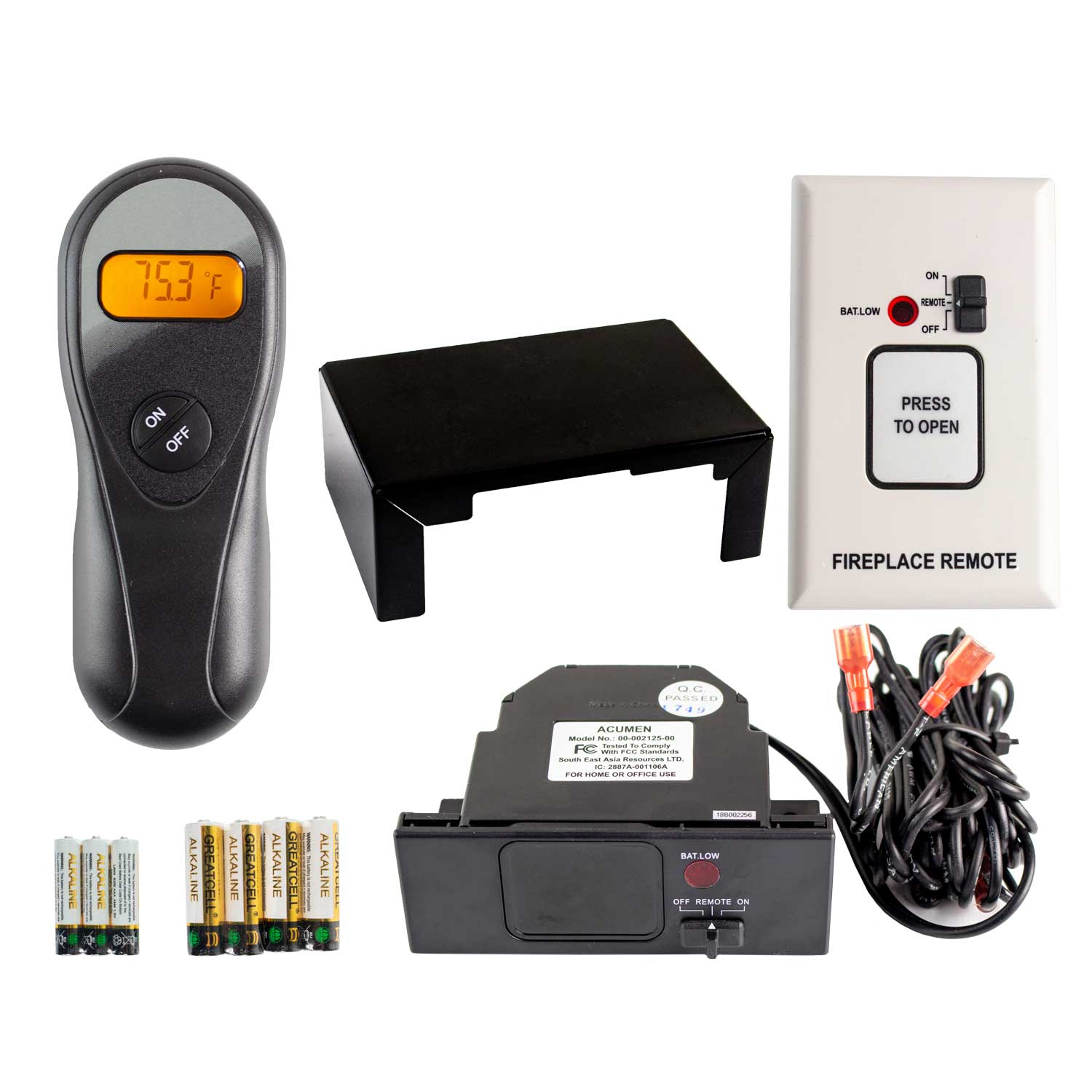 Fireplace remote control kit with handheld remote, receiver, batteries, and wiring.