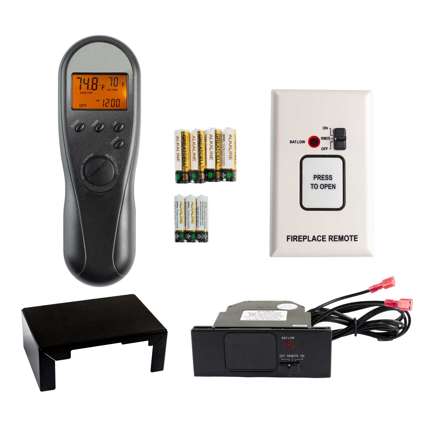 Fireplace remote thermostat with LCD display, dial, and control buttons, black body