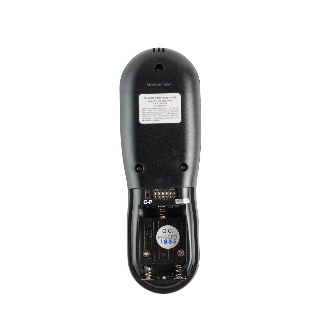 Fireplace remote back panel with label and battery compartment, dark plastic casing