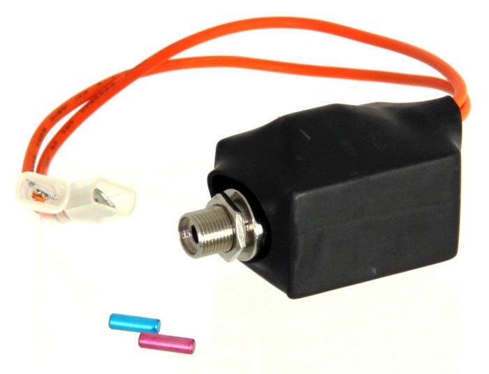 Black sensor module with orange cable and threaded metal connector