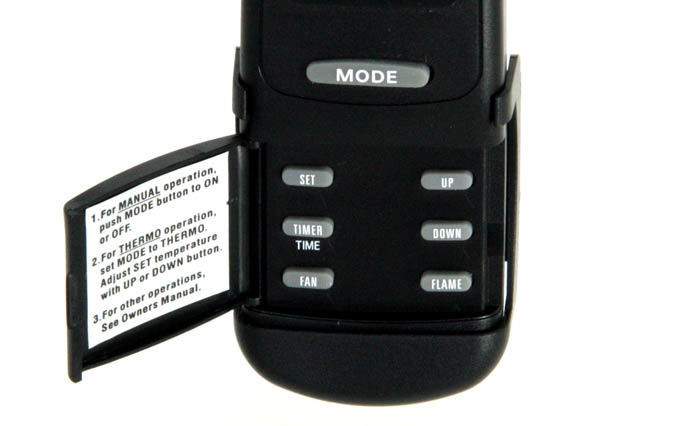 Close-up of black remote control buttons: MODE, SET, UP, DOWN, FAN, FLAME
