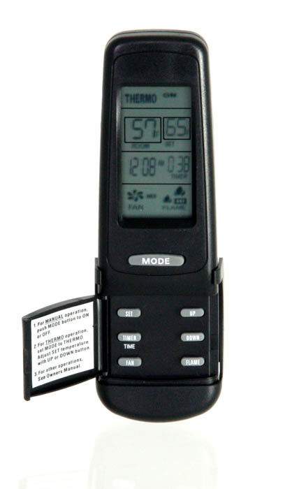 Black fireplace remote with LCD screen, MODE button, and control panel keys
