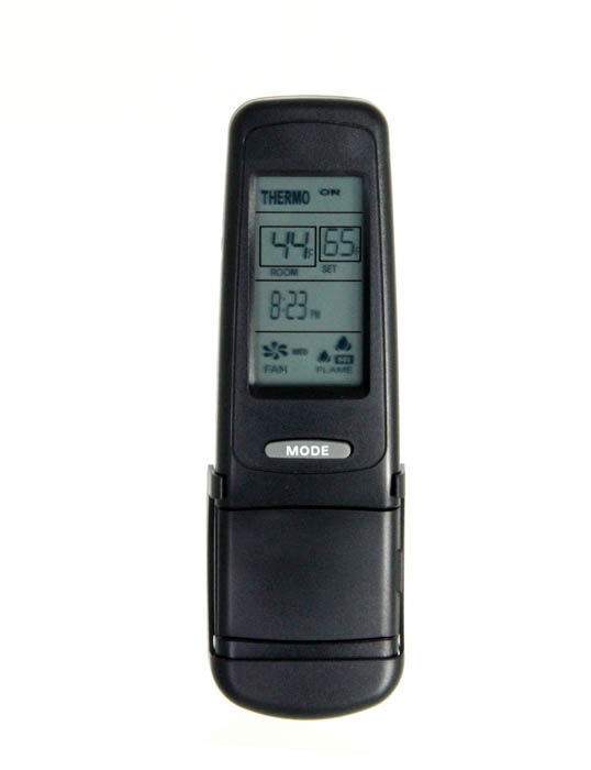 Black handheld fireplace remote with LCD display showing settings and icons