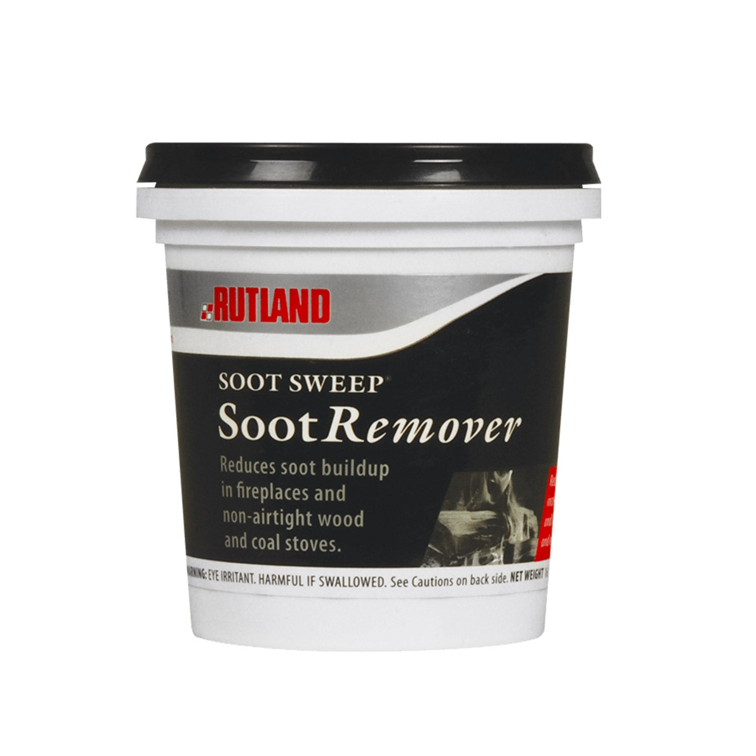 Rutland soot remover tub with black and white label, 1 lb