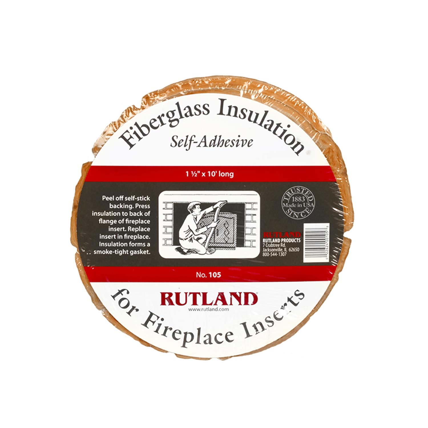 Self-adhesive fiberglass insulation roll for fireplace inserts, round package label