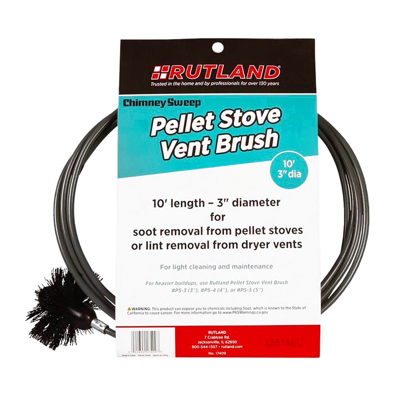 10-ft pellet stove vent brush, 3 in diameter black bristle head on cable