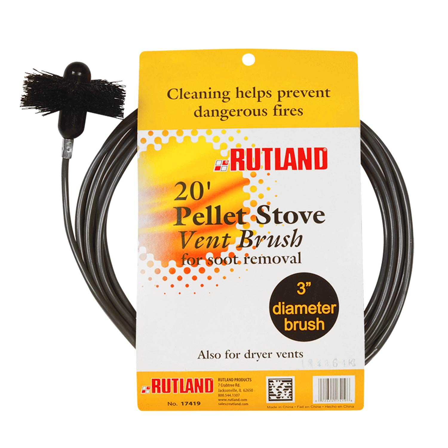 Round pellet stove vent brush with 20-ft cable and 3-inch diameter brush head
