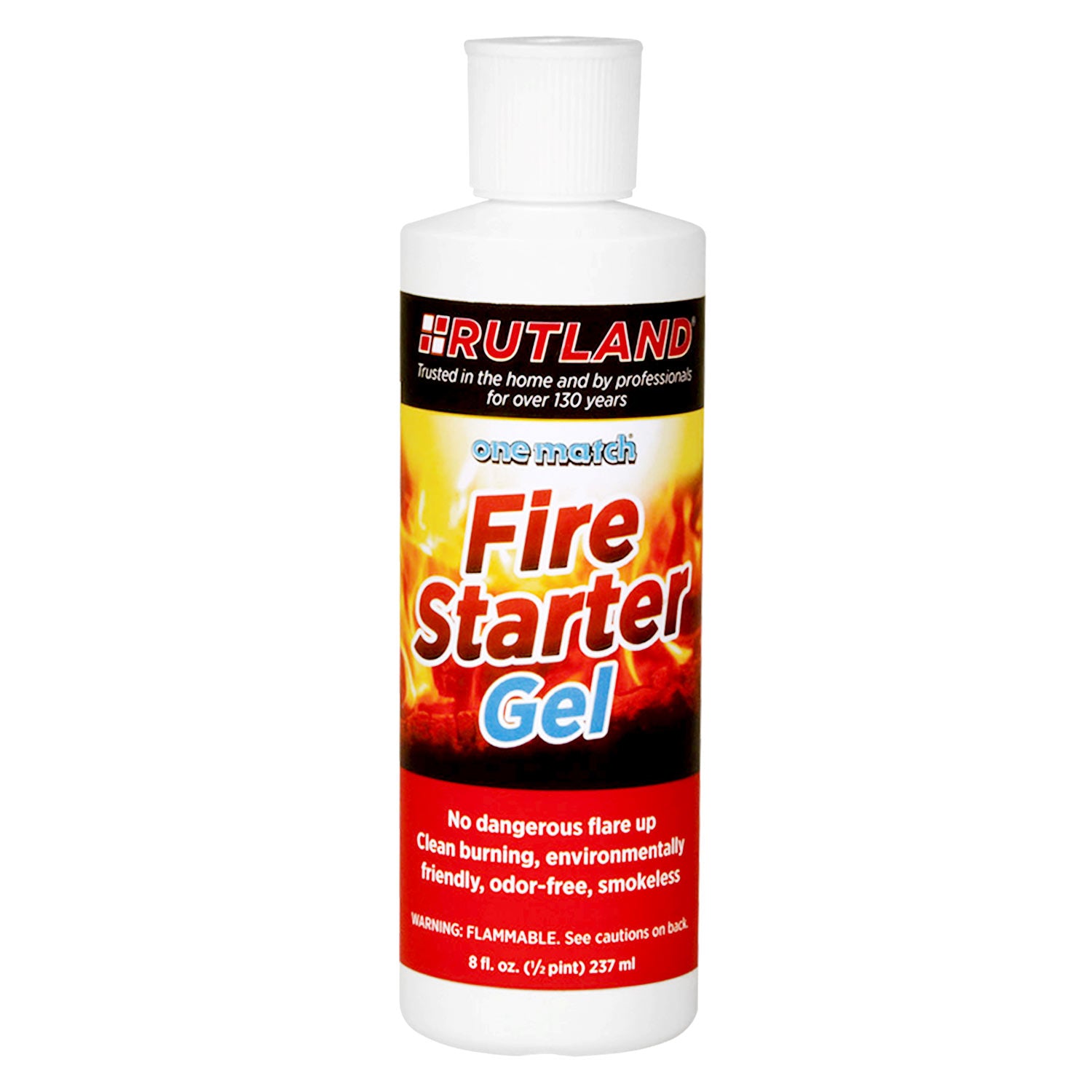 Fire starter gel bottle with white cap and bright label, 8 fl oz