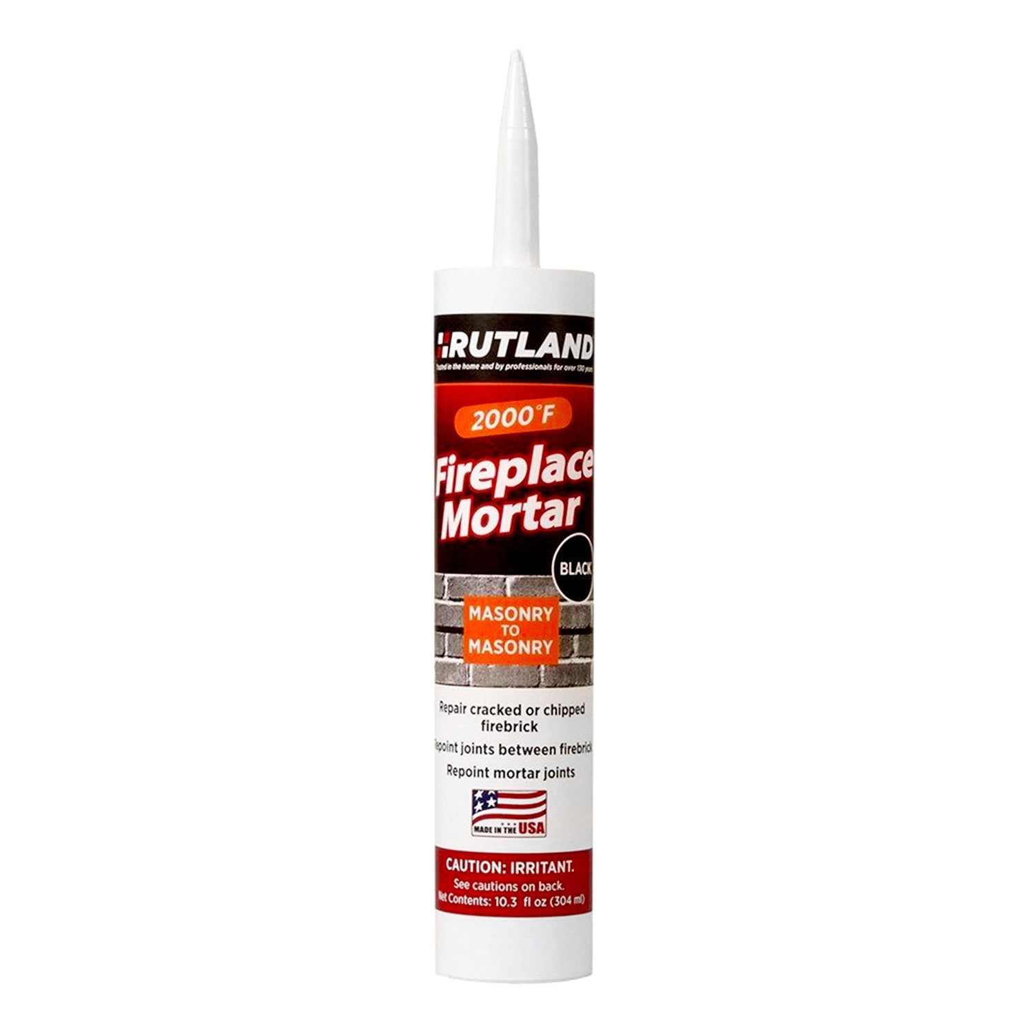 Black fireplace mortar sealant cartridge with white squeeze tube and pointed nozzle