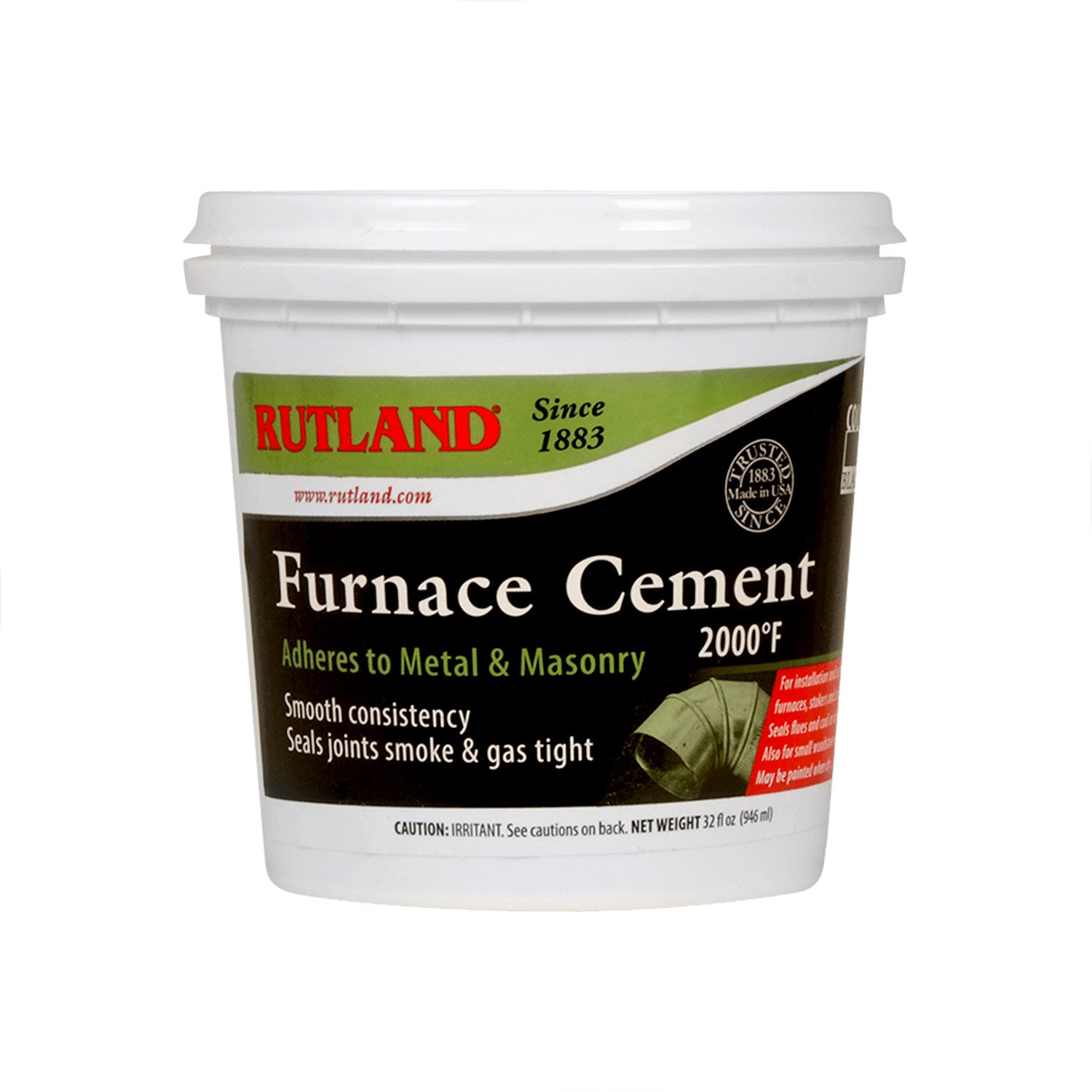 Rutland Furnace Cement tub, 32 oz, white bucket with black furnace cement label