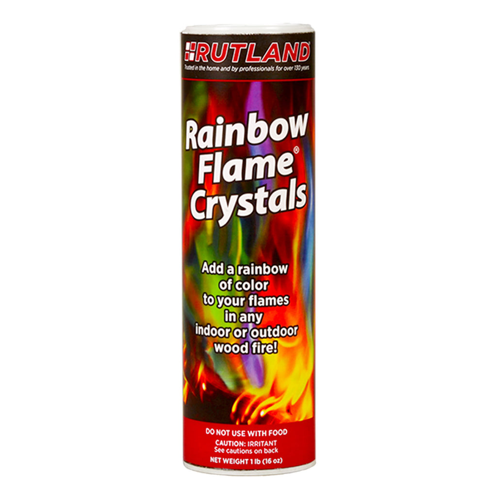 Rutland Rainbow Flame Crystals canister with label and flame graphic