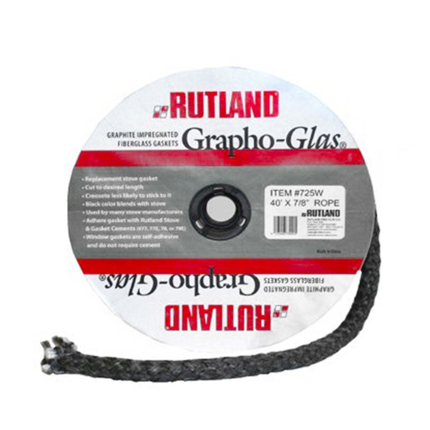 Stove gasket rope on Rutland Grapho-Glas spool, white reel with black rope