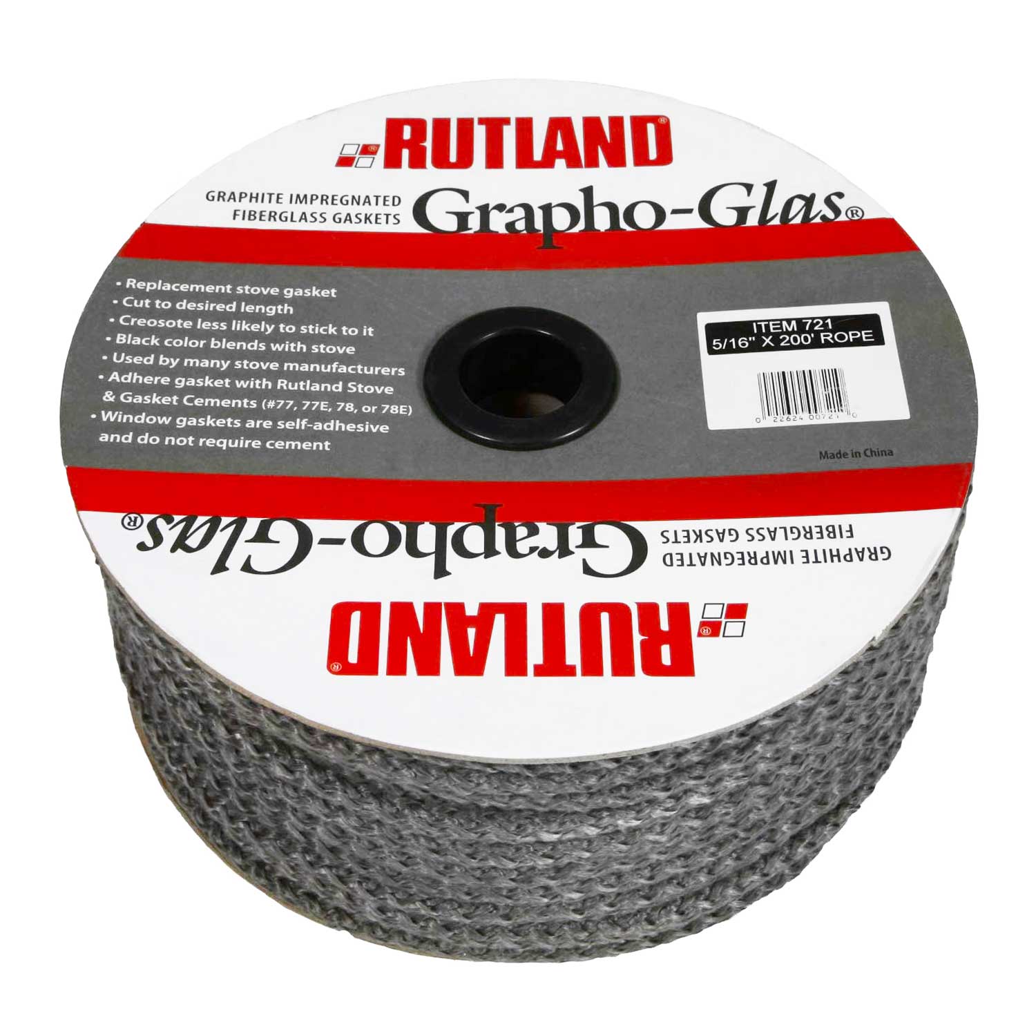 Spool of dark gray rope stove gasket material, graphite impregnated fiber, Rutland