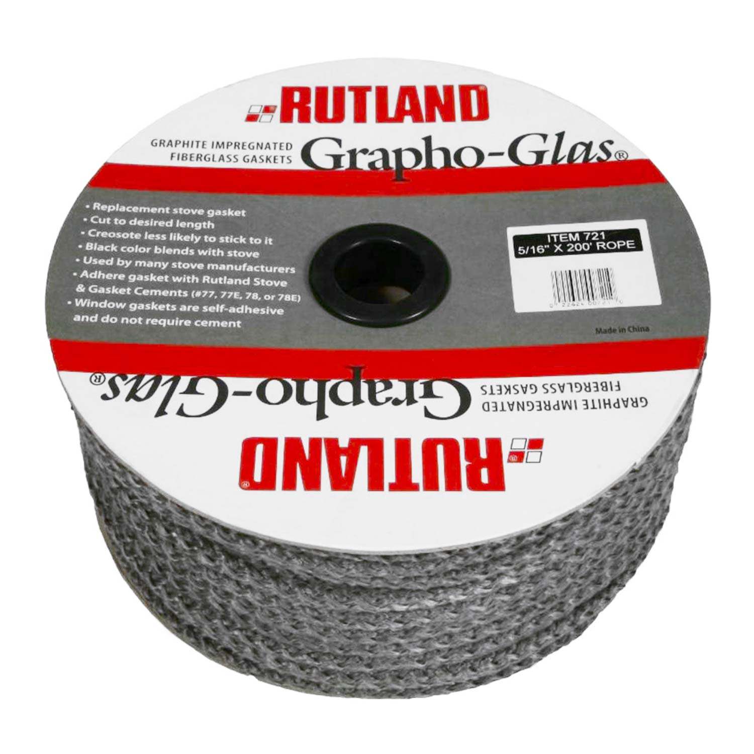 Grey spooled rope stove gasket on Rutland Grapho-Glas label, 7/8-inch diameter