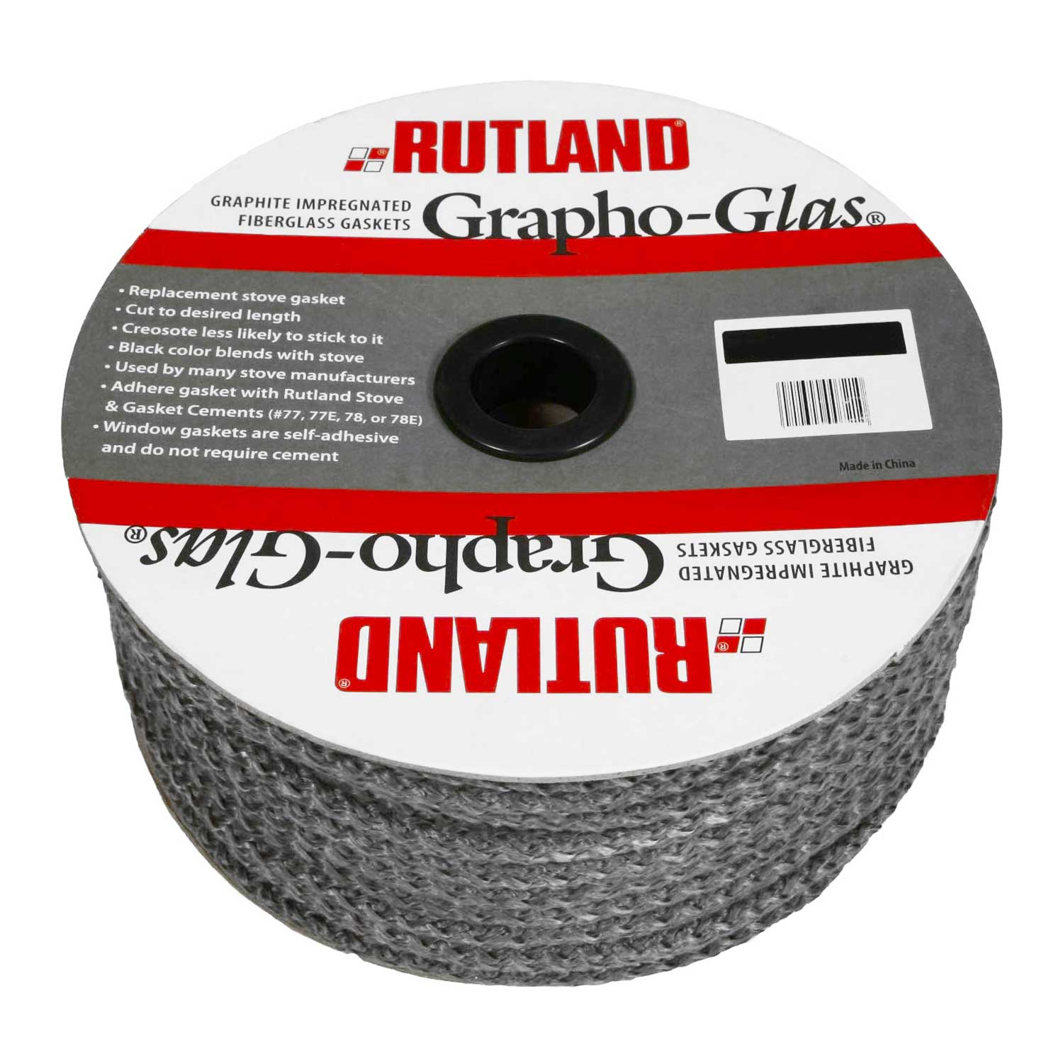 Rutland Grapho-Glas rope stove gasket on spool, dark gray braided fiber, 1-inch diameter