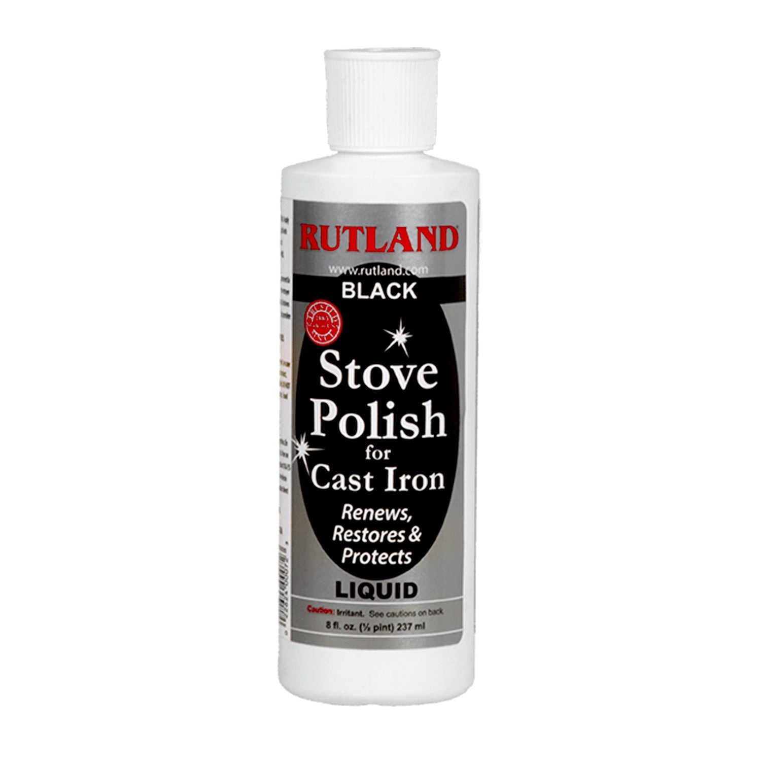 Liquid stove polish bottle for cast iron, black formula, white plastic container