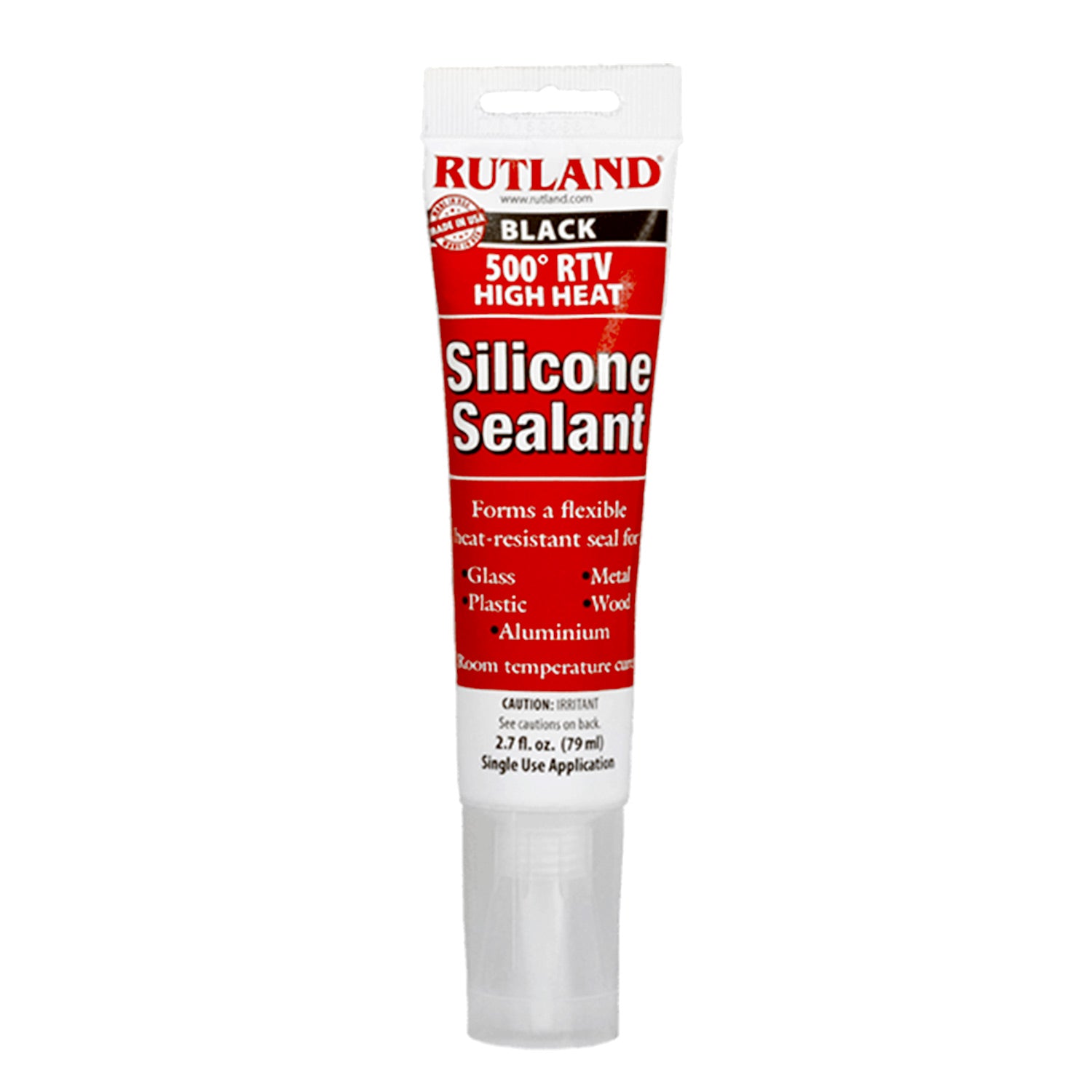 Black high-heat RTV silicone sealant tube, Rutland brand, 2.7 oz