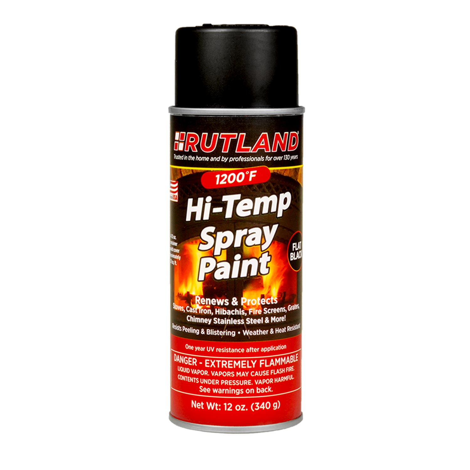 Rutland 1200°F hi-temp spray paint can, black cap, red and yellow label