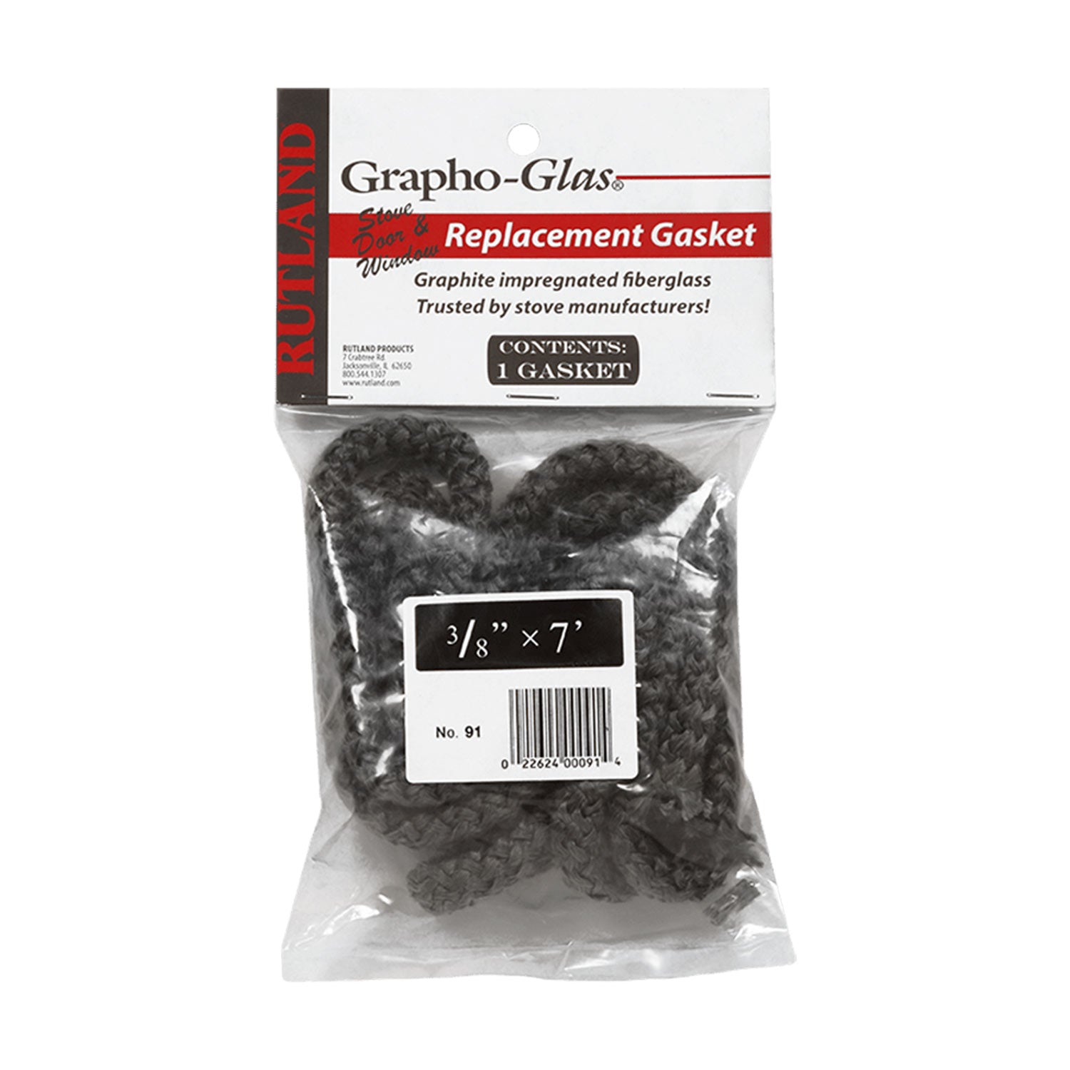 Bagged rope gasket, dark graphite-impregnated fiberglass, 3/8 in x 7 ft