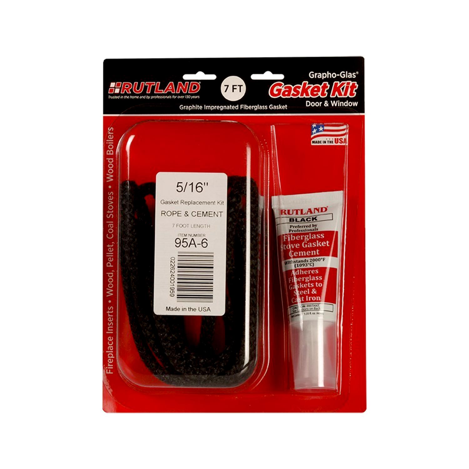 Rope stove gasket replacement kit, 5/16 in, black rope gasket and cement tube