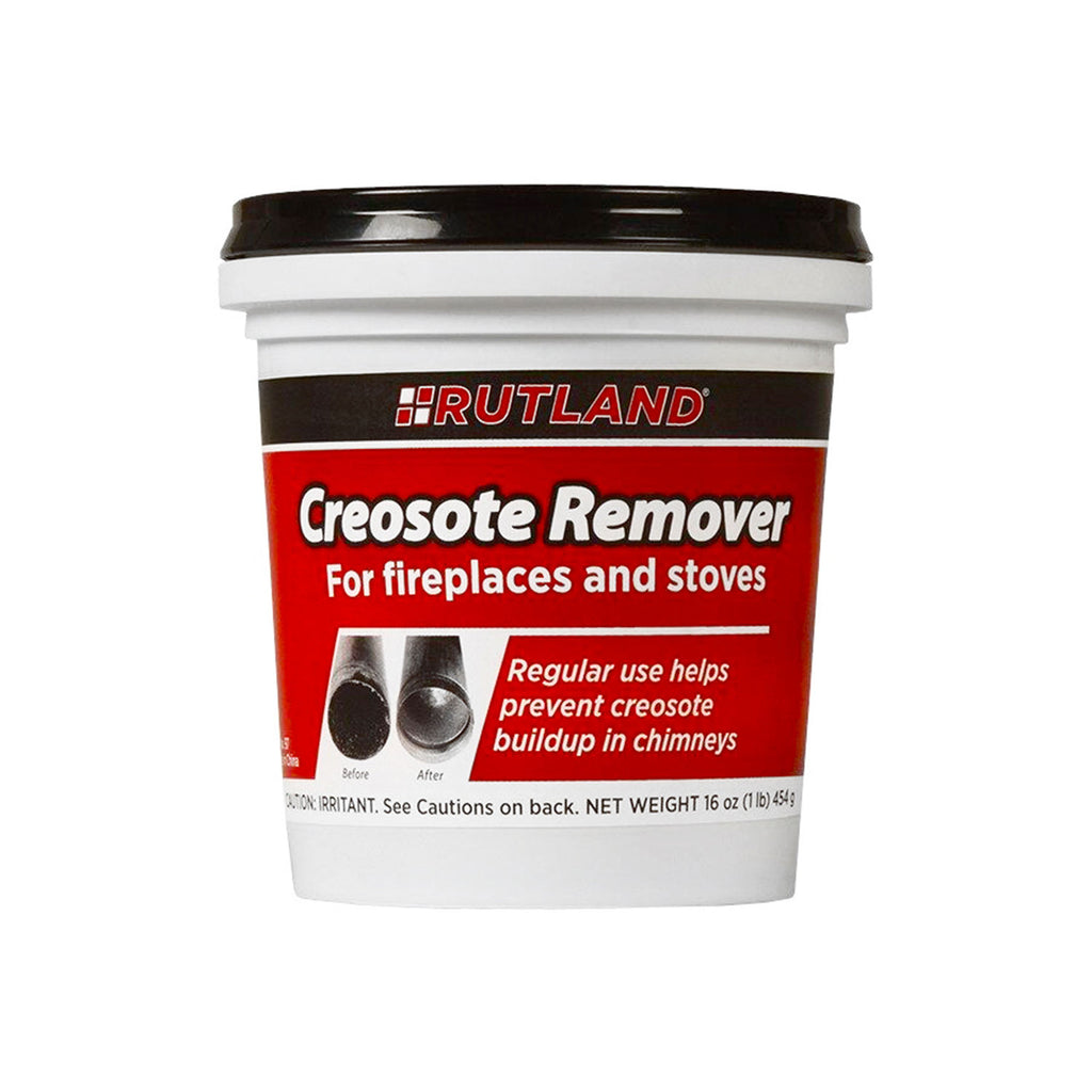 Rutland creosote remover tub with black lid and red-and-white label for fireplaces and stoves