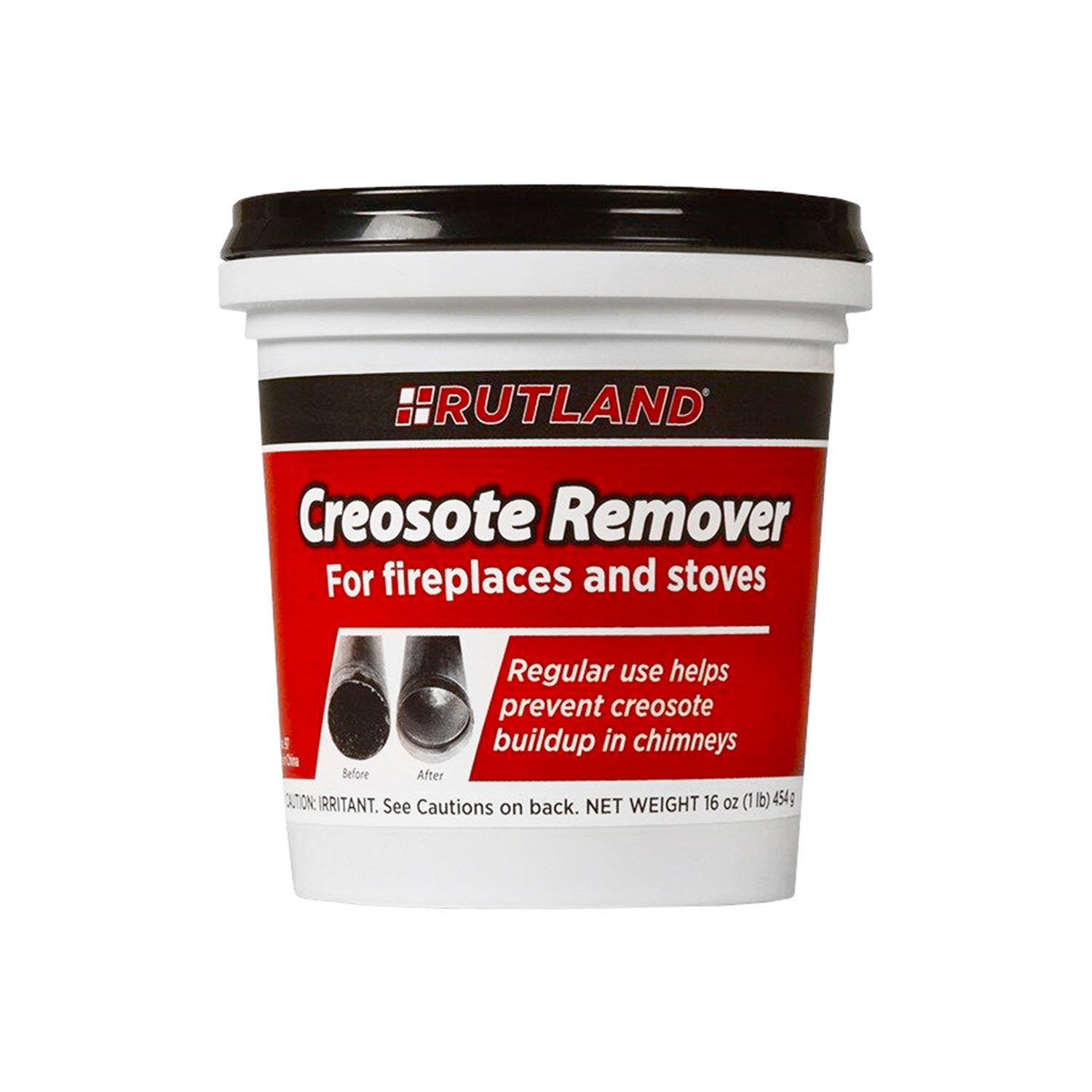 Rutland creosote remover tub with black lid and red-and-white label for fireplaces and stoves