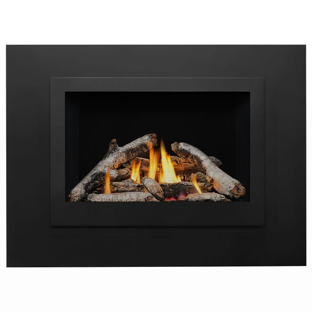 Black direct vent gas fireplace insert with burning logs and flames, centered front view
