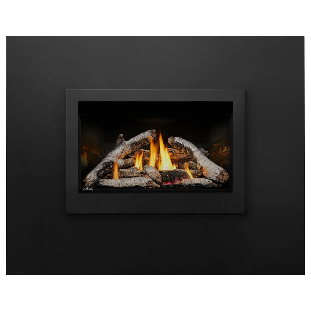 Black direct vent gas fireplace insert with burning logs and flames in firebox