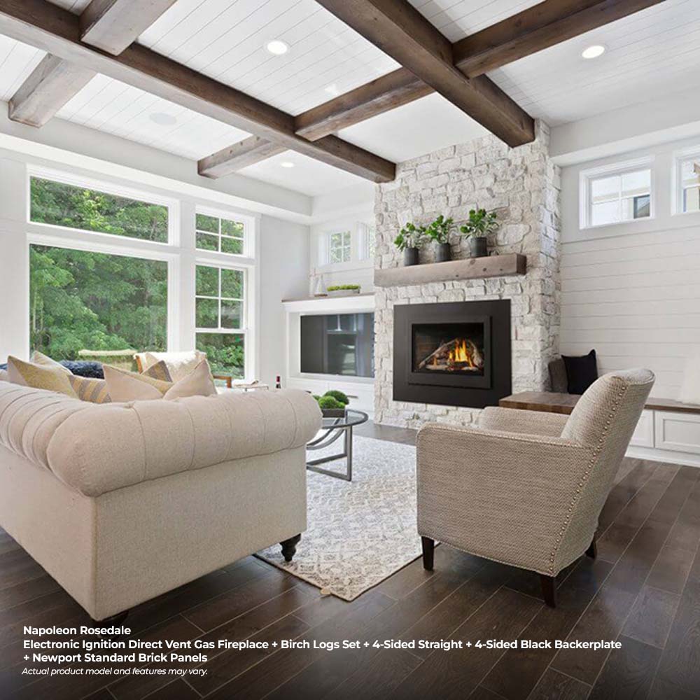 Black direct vent gas fireplace insert set in a stone surround with burning firebox