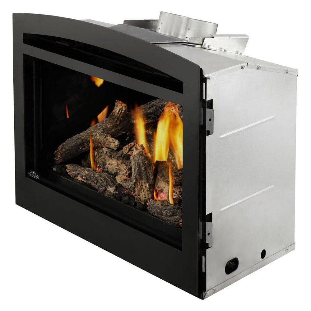 Direct vent gas fireplace insert with black door open, showing burning logs
