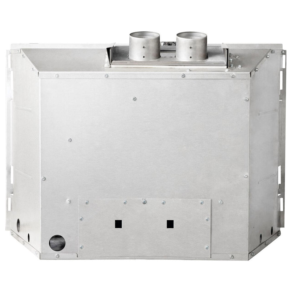 Direct vent gas fireplace insert outer casing with vent components, white metal