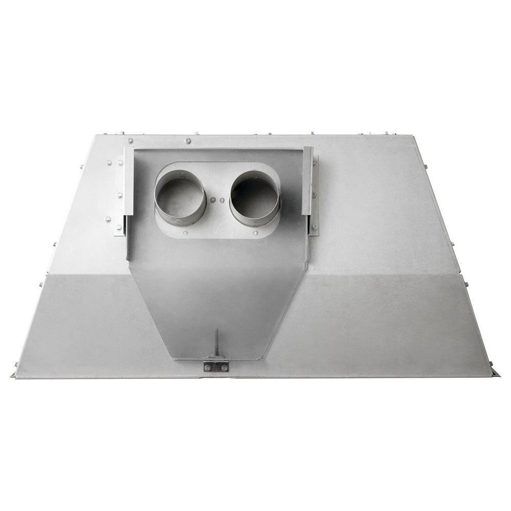 Direct vent gas fireplace insert top panel with two round vent openings, white casing