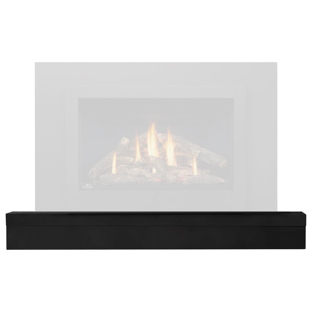 Black adjustable riser box on fireplace insert, with view of burning logs above.