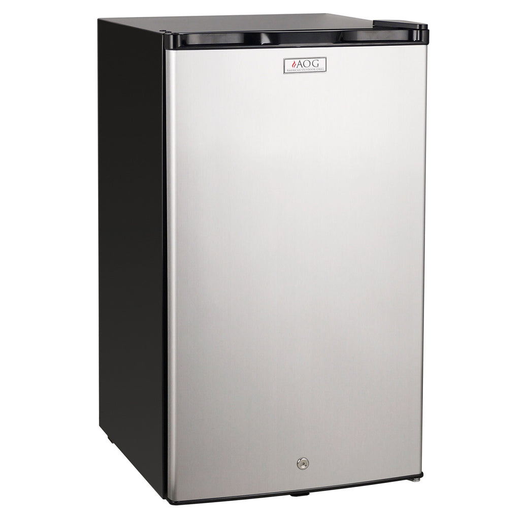 Outdoor refrigerator with stainless steel door and black top handle