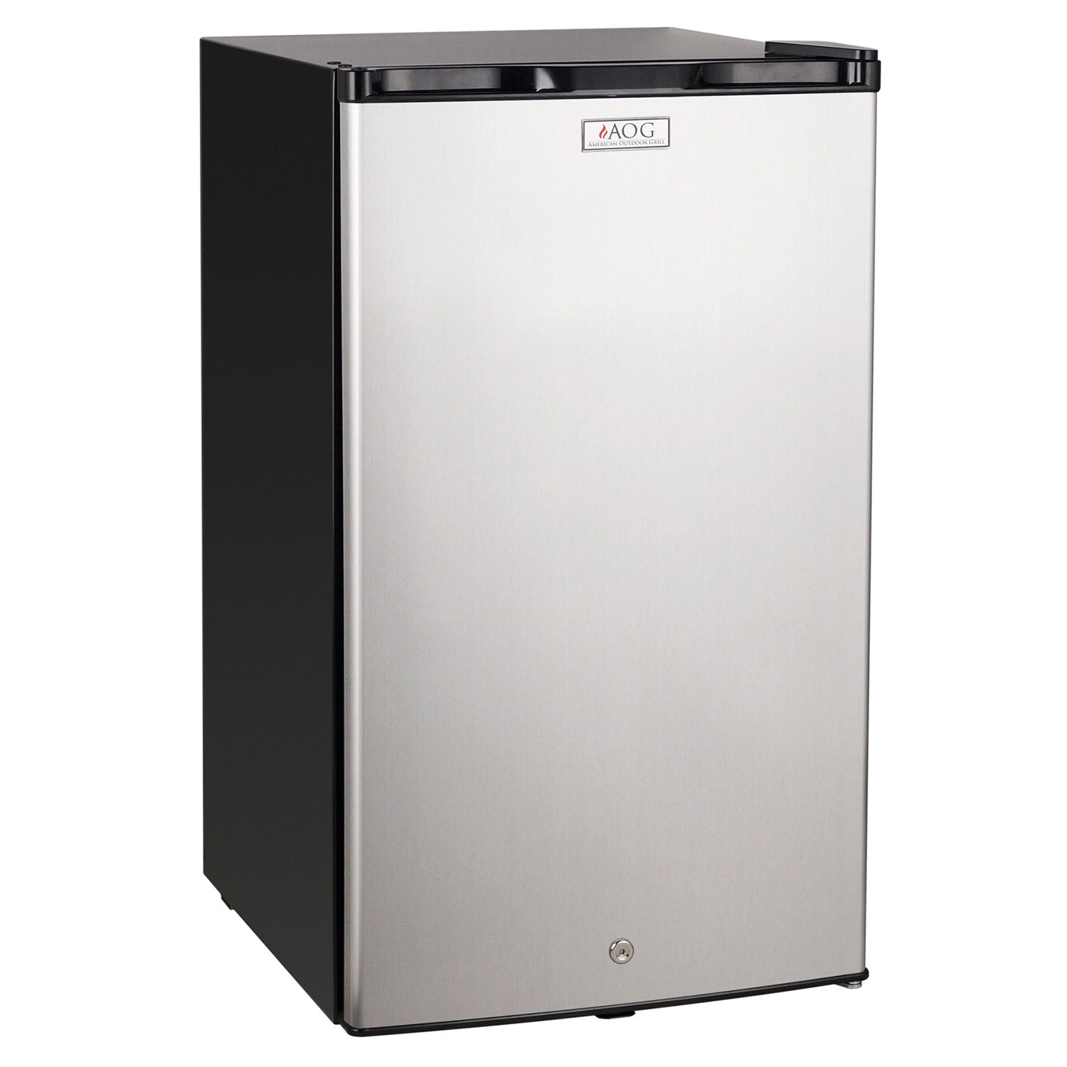 Outdoor refrigerator with stainless steel door and black top handle