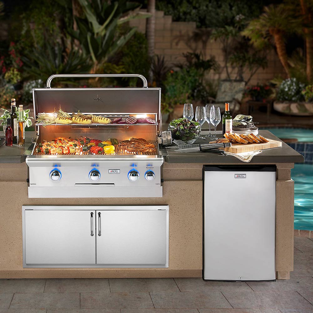 Outdoor refrigerator cabinet with white door and handle, side view