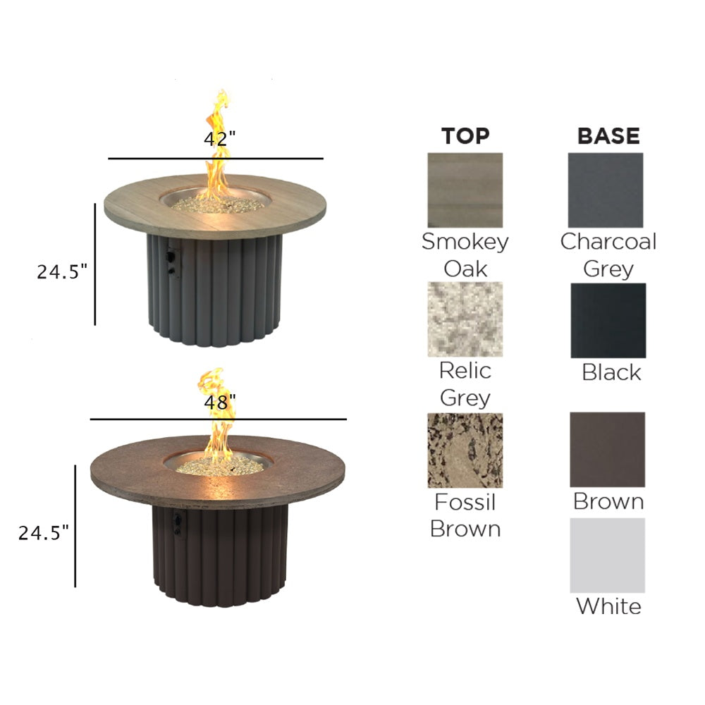Round gas fire pit table size and finish chart: Smokey Oak, Relic Grey, Fossil Brown, Charcoal