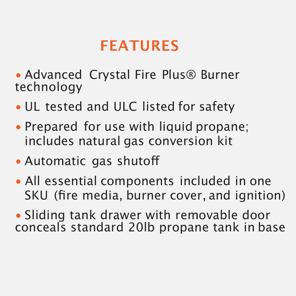 Gas fire pit table features graphic with burner, propane setup, automatic gas shutoff, and tank draw