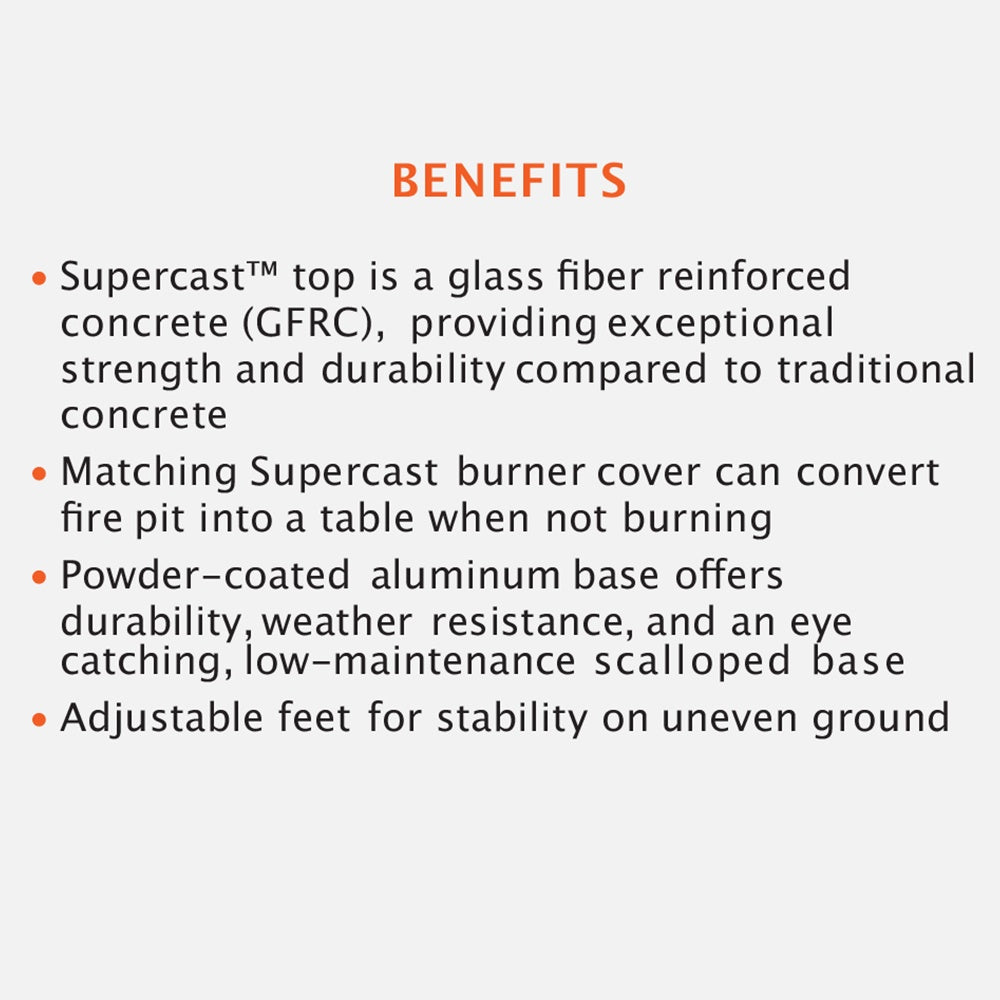 Gas fire pit table benefits graphic mentioning Supercast top, burner cover, and adjustable feet
