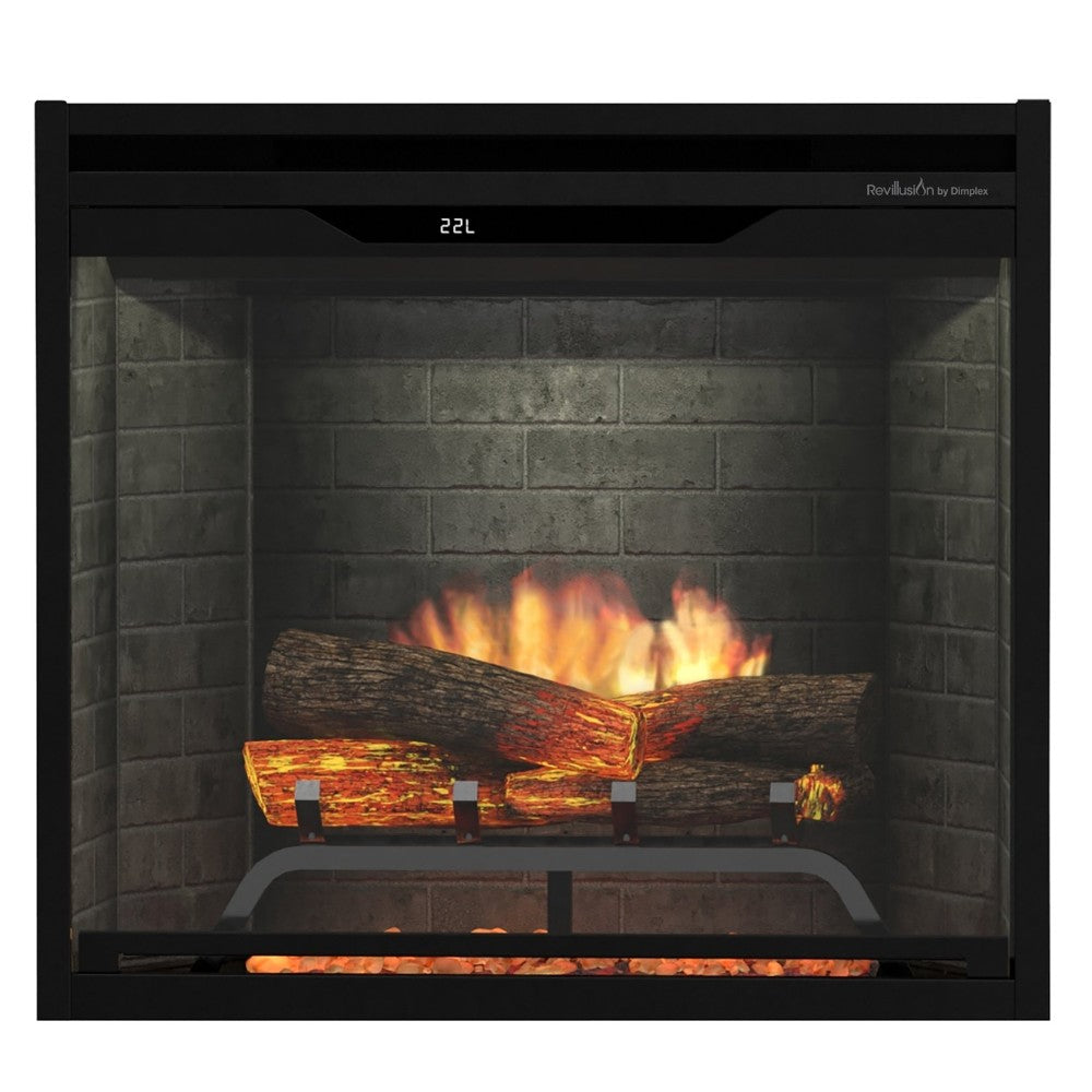 Neutral brick-look built-in electric firebox close-up with flame effect and logs