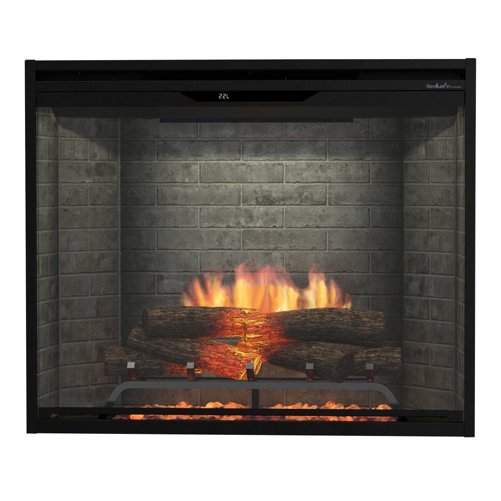 Built-in electric firebox with weathered concrete brick panel and flame effect