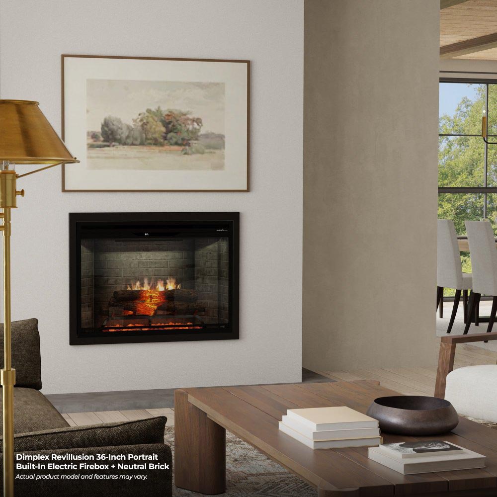 Built-in electric firebox with neutral brick finish and glowing flame effect