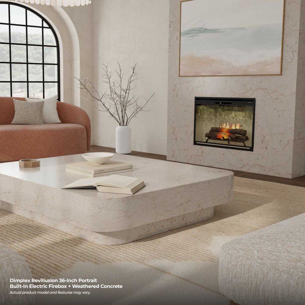 Built-in electric firebox with weathered concrete finish and flame effect