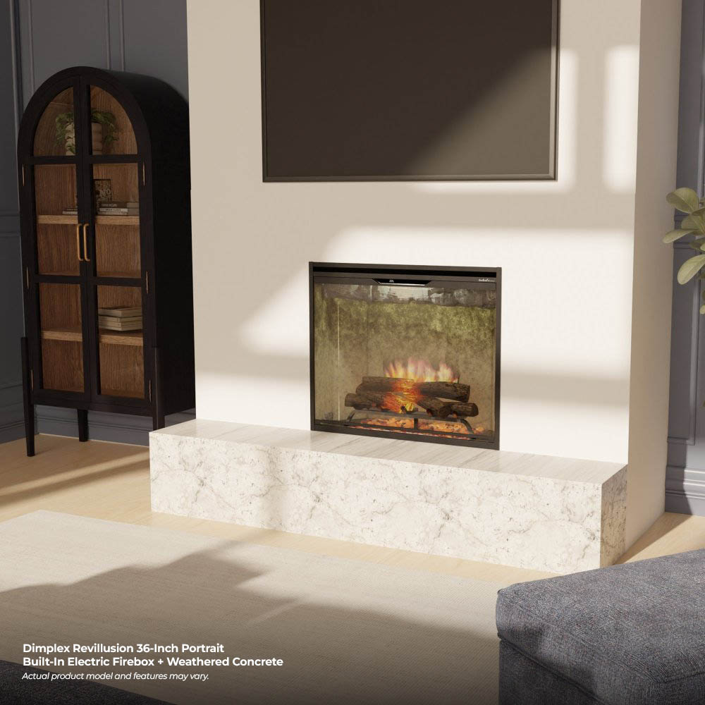Built-in electric firebox with weathered concrete finish and orange flame effect