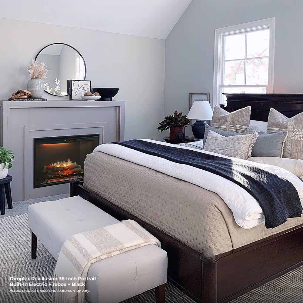 Built-in electric firebox with black finish and visible flame bed
