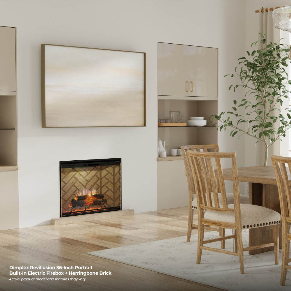 Built-in electric firebox with herringbone brick finish and glowing flame effect