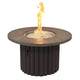 Round gas fire pit table with brown round top and dark ribbed base, flames rising at center
